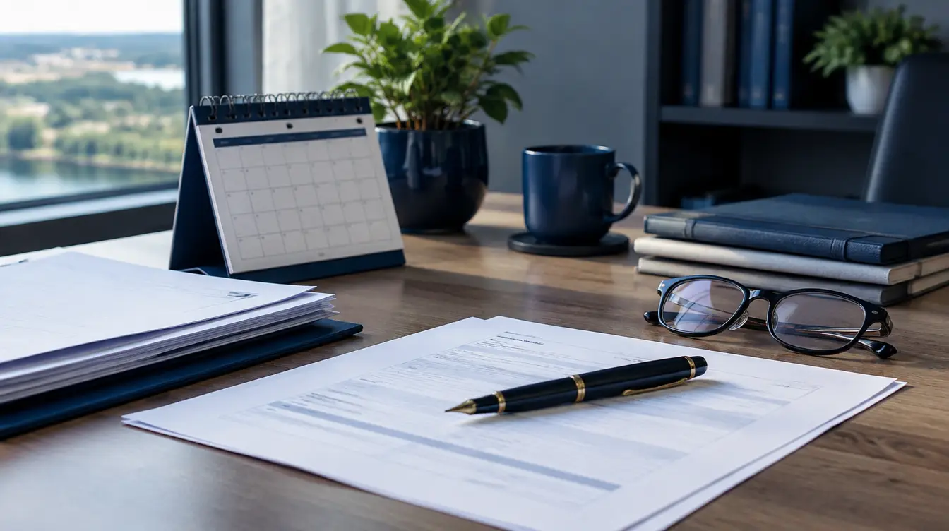 Mesa de trabalho com documentos organizados para análise previdenciária